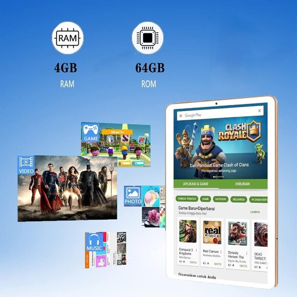 10.1" Android Tablet 4G LTE Dual-SIM, 4GB+64GB, HD IPS, GPS, Wi-Fi – Gold - Picture 4 of 6